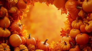 Picture a lively autumn setting adorned with pumpkins and a variety of colorful leavesideal for commemorating Halloween, Thanksgiving, or any delightful fall celebrations that bring people together photo
