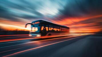 A captivating image of a bus racing through the highway at dusk, highlighting a sense of speed and thrilling motion against a vibrant sunset that showcases the beauty of the evening sky photo
