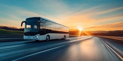 A sleek and modern bus races energetically down an expansive expressway during a vibrant sunset, symbolizing the concept of fastpaced travel and capturing the dynamic essence of urban movement photo