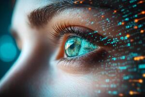 A closeup of a human eye on a green tech background symbolizes cyber security and innovation, highlighting the need for vigilance in a rapidly changing landscape full of potential threats photo