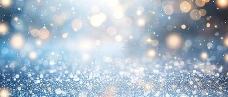 An enchanting background featuring light snow dots, vivid blue shades, and glowing bokeh elements come together to create a truly magical and immersive winter ambiance that captivates all who see it photo