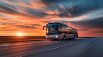 A modern bus glides along a busy expressway at dusk, illuminated by a stunning sunset, showcasing urban transport in the lively atmosphere of a bustling city, reflecting dynamic metropolitan life photo