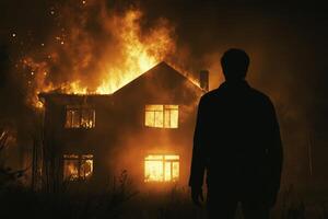 A solitary man stands before a house engulfed in fierce flames, illuminated against the night sky. This emotional scene is filled with destruction and chaos as he witnesses the tragedy photo