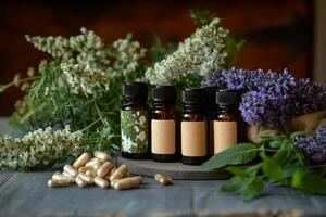 This beautiful and thoughtful arrangement of essential oils and herbs effectively promotes natural health and wellbeing photo