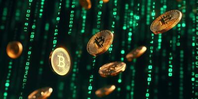 Delve deep into the intriguing concept of cryptocurrency, where abstract gold coins gracefully cascade through a dynamic digital binary backdrop, symbolizing the promising future of global finance photo