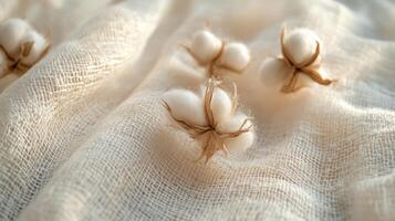 Delicate cotton blooms rest on textured fabric, showcasing natures exquisite elegance and simplicity photo