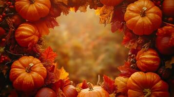 A stunningly crafted frame, artistically designed with vibrant pumpkins and assorted autumn leaves, making it an ideal choice for expressing Halloween and Thanksgiving greetings in a festive way photo