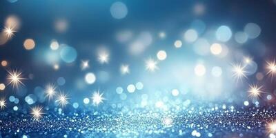 The scene features a captivating background of sparkling lights and snowlike dots in enchanting shades of blue, creating a magical winter atmosphere that evokes joy and holiday festivities photo
