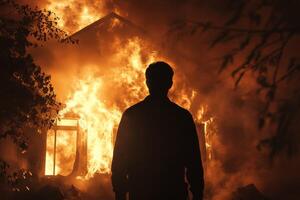A solitary figure stands before a colossal building engulfed in fierce flames, showcasing the devastation and intensity of the fire illuminating the night sky with a haunting glow photo