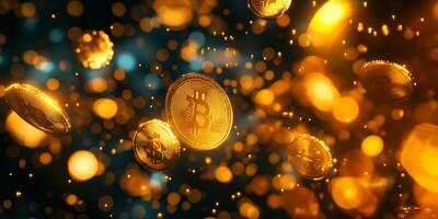 A stunning visual shows a cascade of digital gold coins against intricate binary code, symbolizing the growth of cryptocurrency and the accumulation of digital wealth in todays economy photo