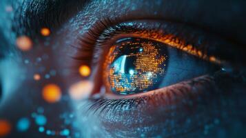 This image features a striking closeup of a human eye set against a vibrant green tech background, representing the crucial themes of cybersecurity and the everevolving digital age we live in photo