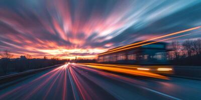 A breathtaking sunset scene vividly depicts a large truck navigating through a bustling expressway, harmoniously blending radiant colors with the speed and energy that defines urban life photo