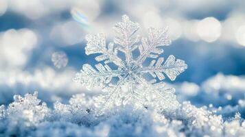 A truly stunning closeup of a delicate, intricately designed snowflake resting gracefully on a pure, soft blanket of snow, capturing the essence of winters unique beauty and profound tranquility photo