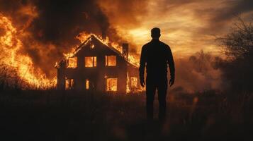 A solitary figure stands firm before a house engulfed in flames, highlighting the tragic aftermath of a wildfire against a chaotic, cloudfilled sky, emphasizing the surrounding destruction photo