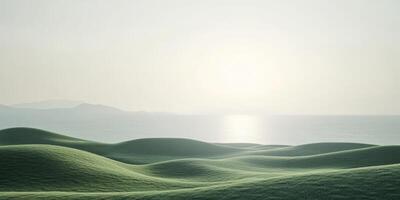A serene landscape of rolling hills, verdant fields, and a tranquil ocean, all illuminated by the soft, warm light of a breathtaking sunrise, creates an idyllic outdoor scene that delights the senses photo
