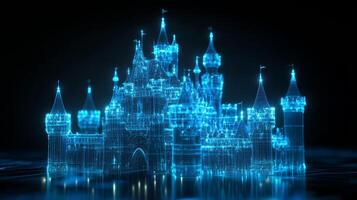 A stunning holographic castle, illuminated against a dark background, captivates viewers with its intricate details and elegant designa perfect blend of creativity and technology photo