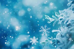 Set against a snowy backdrop, this scene features intricate snowflakes drifting gracefully, creating a tranquil winter atmosphere ideal for festive celebrations and holiday decorations photo