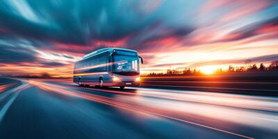 A sleek, modern bus navigates a brightly lit expressway at dusk, with vibrant colors enhancing the thrill of fastpaced transport through a lively urban landscape full of life and activity photo