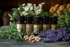 A visually appealing display of essential oils and herbs, promoting wellness and enhancing aromatherapy experience photo