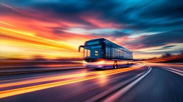 A rapid blur of motion vividly captures a modern bus that is speeding along an expressway at dusk, with vibrant colors of the stunning sunset beautifully illuminating the entire scene around it photo
