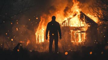 A solitary figure stands silhouetted against the backdrop of a raging fire that engulfs a building, emphasizing profound themes of destruction and isolation in a dark and ominous landscape photo