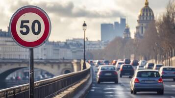 To reduce traffic congestion and enhance road safety, Paris will implement a 50 kmh speed limit to limit cars on the Beltway, improving urban mobility and transportation efficiency photo