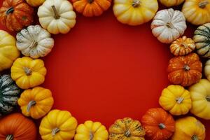 This vibrant circular frame features colorful pumpkins on a bold red background, ideal for Halloween, Thanksgiving, or autumnthemed invitations and festive decor, adding an inviting seasonal touch photo