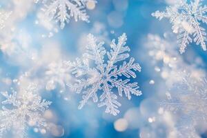 An enchanting and mesmerizing display of intricate snowflakes gracefully set against a dreamy blue background, which evokes a deep sense of winter magic, beauty, and seasonal celebration photo