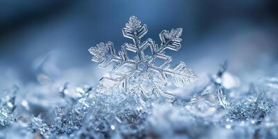 A stunning and intricate closeup of a delicate snowflake elegantly resting on a blanket of soft snow, beautifully capturing the unique essence of winter season and joyful holiday celebrations photo