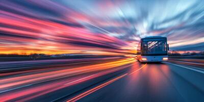 A large bus speeds along an expansive expressway at sunset, leaving behind vibrant colors that illuminate the scene against a breathtaking dusk sky painted in shades of orange and purple photo