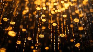 An artistic representation features gold coins cascading against a backdrop of binary code, symbolizing the rich realm of digital wealth and the revolutionary blockchain technology in finance photo