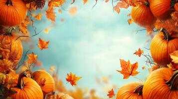 A beautifully vibrant autumn background that features an array of pumpkins and a colorful mix of leaves, making it the perfect backdrop for both Halloween and Thanksgivingthemed celebrations photo