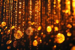 An abstract representation of gold coins cascading through a backdrop of binary code, symbolizing digital wealth and innovation photo