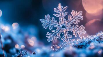 This is a breathtaking closeup image of a unique snowflake delicately resting on a chilly, frosty surface, perfectly showcasing the enchanting essence of winters beauty and tranquil atmosphere photo