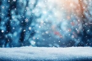 In this serene winter scene, gentle snowflakes fall from the sky, creating a soft snowy foreground, while a blurred background evokes the enchanting essence of holiday wonder and joy photo