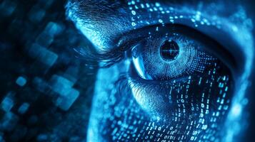 A detailed closeup shot of a human eye featuring a digital data pattern overlay, symbolizing elements of cyber security, advanced technology, and various futuristic concepts intertwined in our world photo