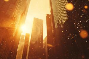 A breathtaking and stunning view of numerous skyscrapers bathed in the warm, golden sunlight, beautifully capturing the vibrant energy of city life along with the modern architecture that defines it photo