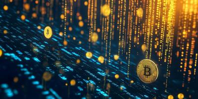 A visually captivating representation of shimmering digital gold coins flowing through intricate binary code patterns, symbolizing the dynamic cryptocurrency world and continuous data flow photo
