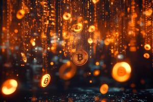 Golden coins cascade impressively over streams of intricate binary code, vividly symbolizing the remarkable fusion of cryptocurrency and advanced technology that defines our modern world today photo