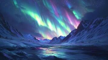 The stunning night view features the magical aurora borealis illuminating the sky over a serene winter landscape with a reflective water body, creating an enchanting and unforgettable scene photo