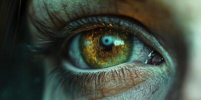 A striking closeup capture of a human eye set against a vibrant green tech backdrop, which vividly embodies themes such as cyber security, advancing technology, and intricate digital networks photo