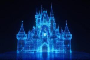 A breathtaking blue holographic castle brilliantly shines against a dark black background, showcasing intricate designs that evoke a mystical atmosphere filled with wonder and awe photo