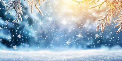 A serene winter scene features softly falling snowflakes, a glistening snowcovered ground, and a warm glow, creating a perfect setting for joyful holiday celebrations full of charm and beauty photo