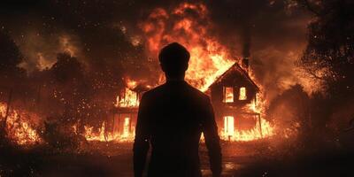 On a dark night, a man stands before an abandoned house engulfed in flames and smoke, symbolizing the devastating loss of home and shattered safety amidst chaos and despair, with a heavy heart photo