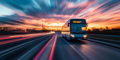 A striking motionblurred image effectively captures a speeding bus racing down a busy expressway at dusk, showcasing the vibrant hues of sunset colors in a dynamic urban transportation scene photo