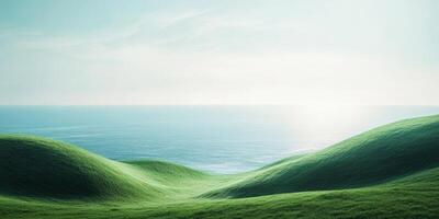 This serene and picturesque landscape features gently rolling hills, vibrant green grass, and a calm ocean that sparkles beautifully at sunrise, making it an ideal spot for peaceful reflection photo