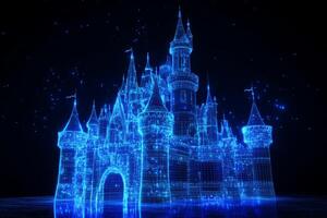 A stunning blue hologram of an intricate castle on a black background, showcasing innovative design and architectural brilliance in a mystical atmosphere, inviting imagination to explore photo