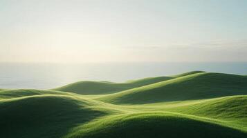 Imagine serene, lush hills rolling into the distance, with calm waters reflecting sunlight, creating an ideal atmosphere for peaceful contemplation and connection to natures essence photo