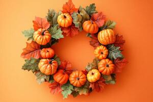 This cheerful autumn wreath showcases vibrant pumpkins and colorful leaves, perfect for Halloween and Thanksgiving, adding warmth and joy to your holiday gatherings and celebrations photo