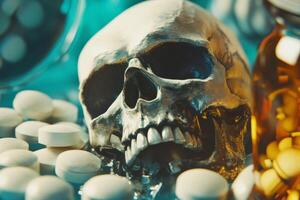 A thoughtprovoking image vividly depicts a skull surrounded by numerous pills, symbolizing significant health risks photo